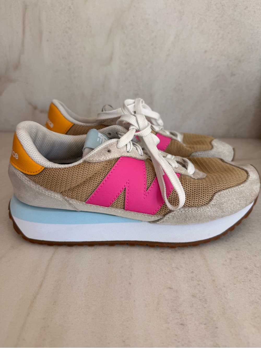 New Balance 237 anthro- Women's Beige Sneakers with Pink 'N' and Yellow Heel